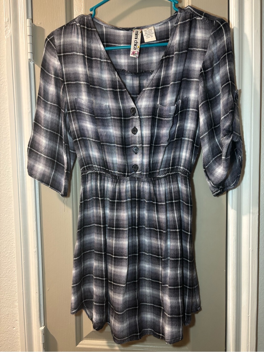 Mimi Chica XS Black White Plaid Mini Dress V-Neck Button Front 3/4 Sleeve
